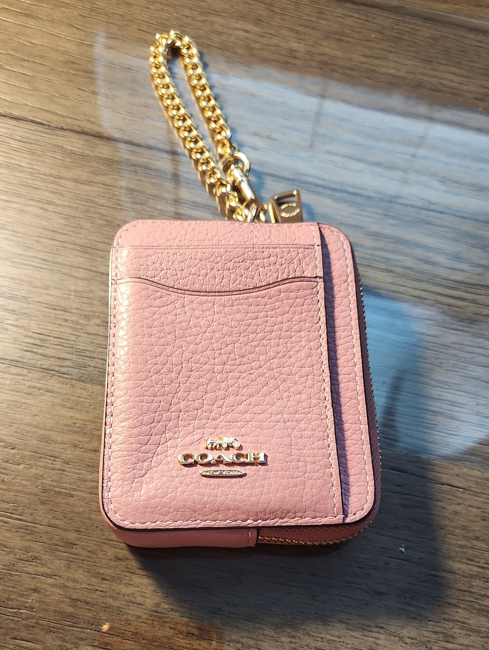 COACH Pink Pebbled Leather Zip Card Case with Gold Chain